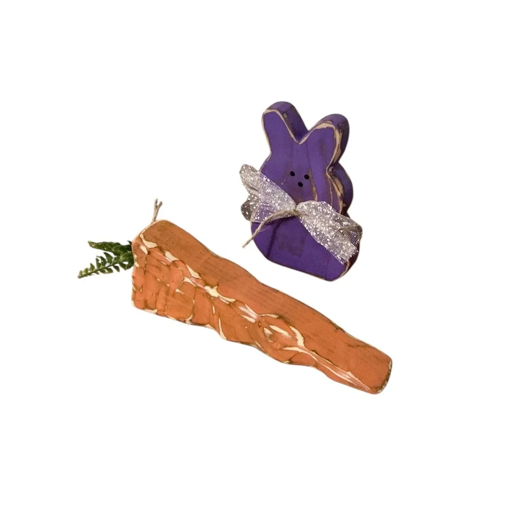Rustic Wooden Easter Bunny and Carrot‎ Decor Set Purple Distressed Farmhouse
